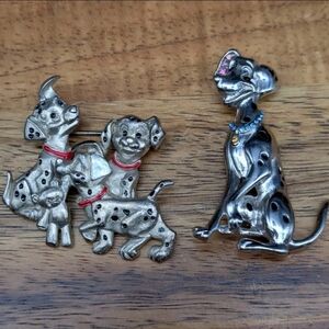 Vintage Disney 101 Dalmatians Brooch Lot 2 Silver Tone Dog Pins © Marked